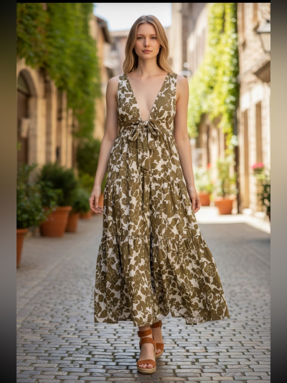 Aakaa Olive and Cream Floral Tie-Front Midi